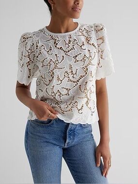 NWT Express Embroidered Crochet Puff Sleeve Top, XS, white